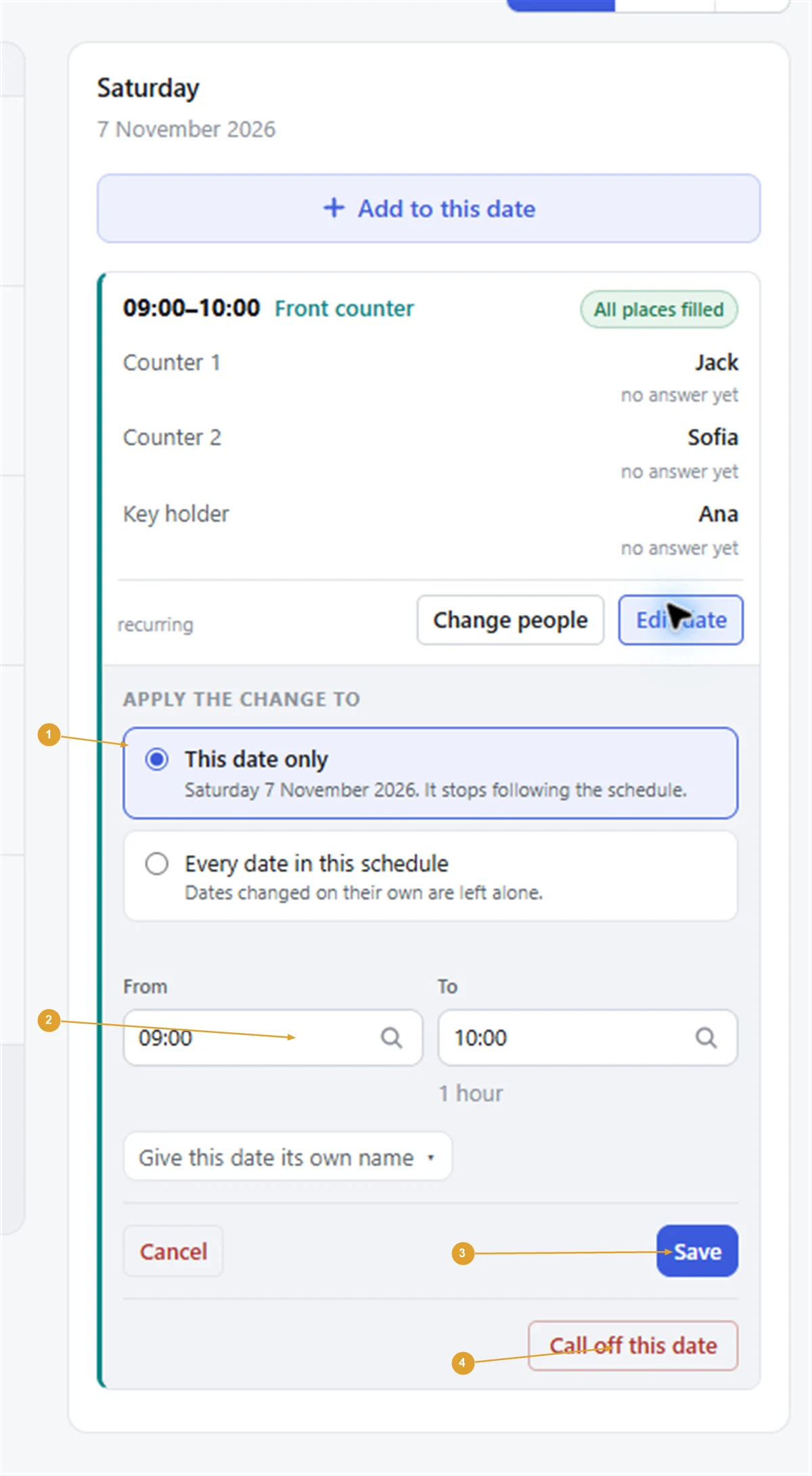 Screenshot: Edit date open in the day panel, with This date only or Every date in this schedule, and the times