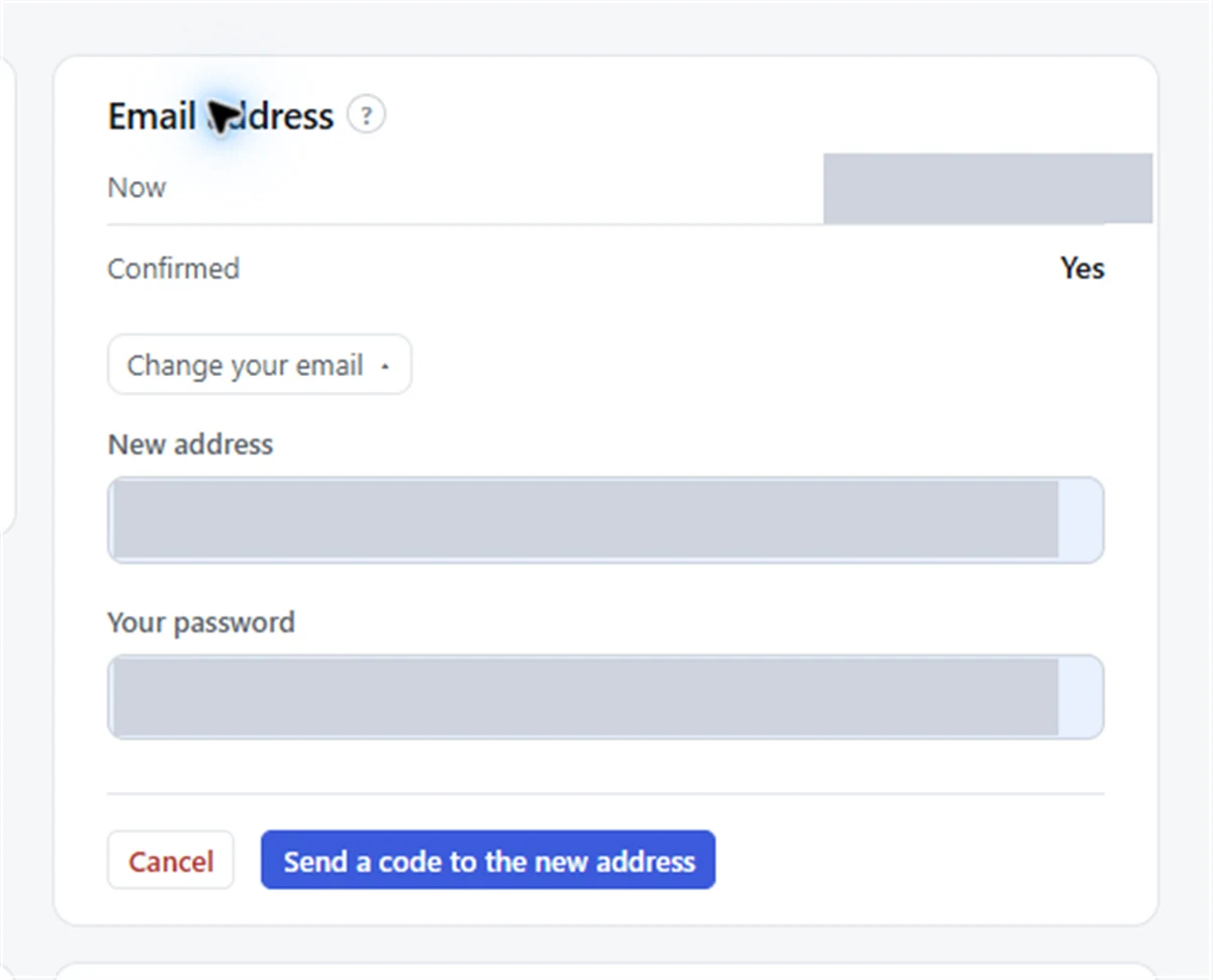 Screenshot: the Email address card with the new address, password and Send a code to the new address
