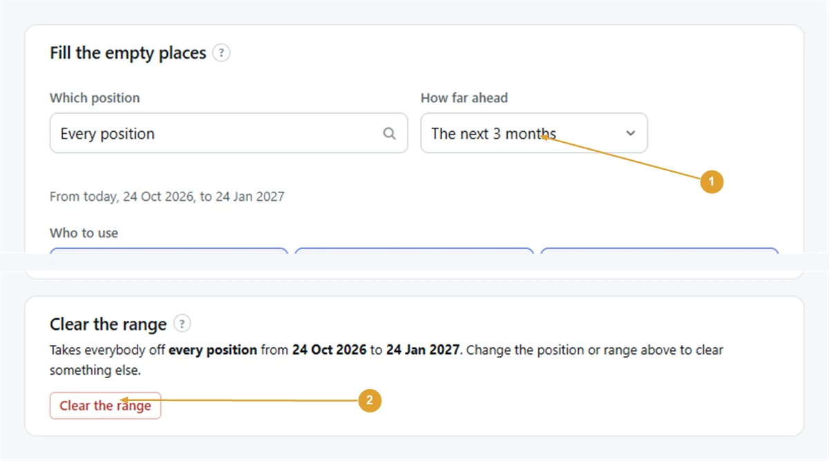 Screenshot: the How far ahead setting and the Clear the range card with its button