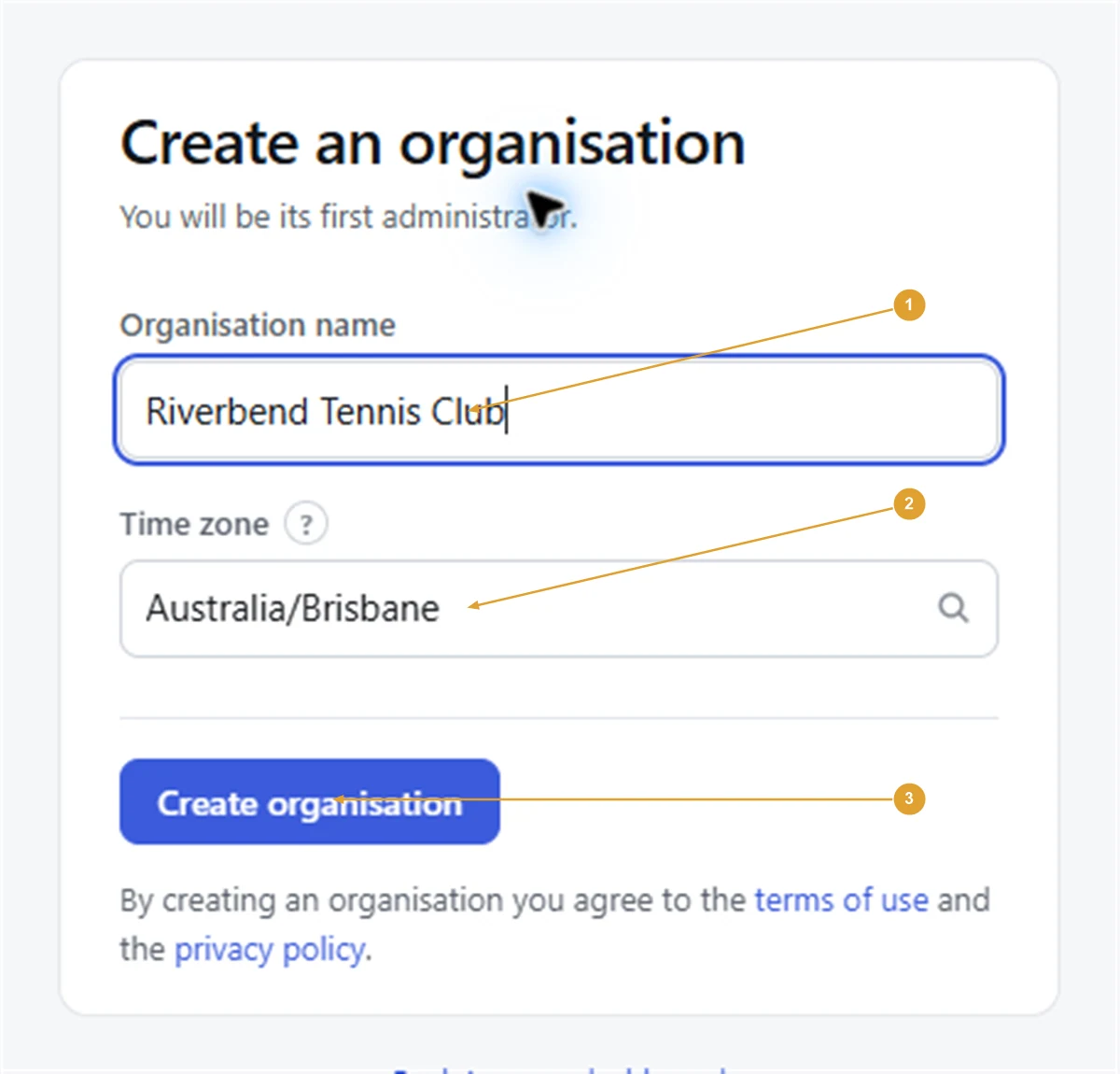 Screenshot: the Create an organisation form with the organisation name and time zone