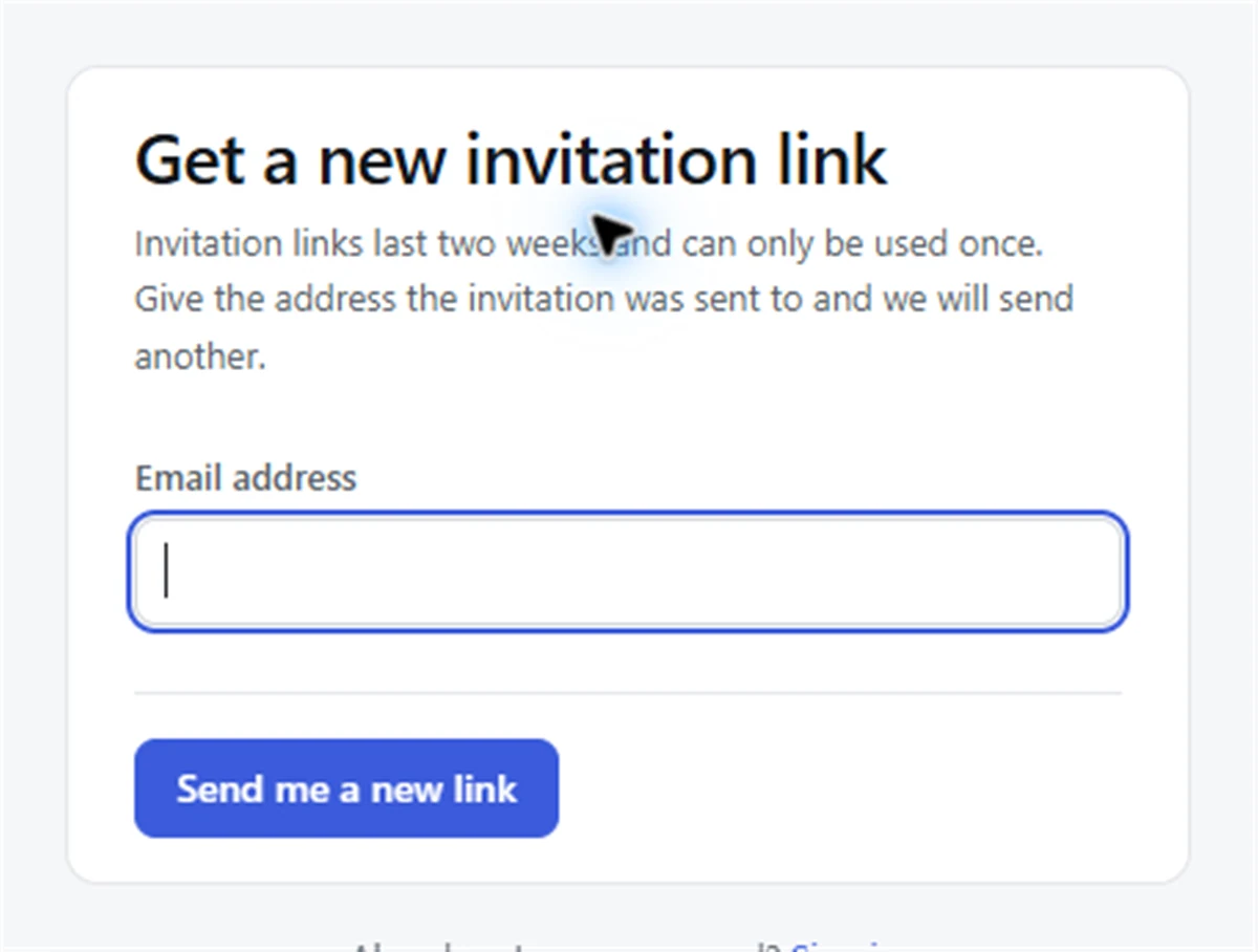 Screenshot: the Get a new invitation link page with the email address box and Send me a new link