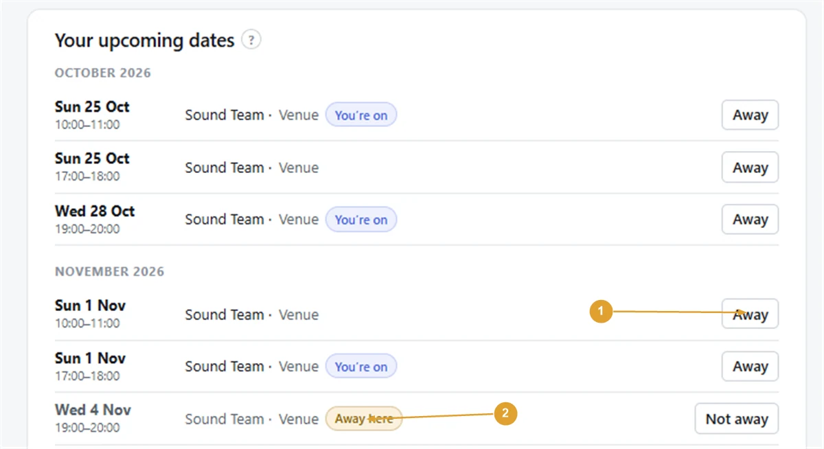 Screenshot: Your upcoming dates, with an Away button on each date and one date marked Away here