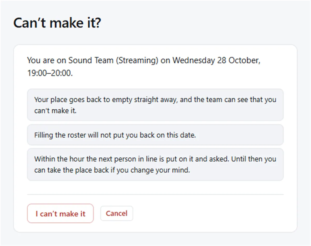 Screenshot: the Can’t make it? page explaining what happens before you confirm