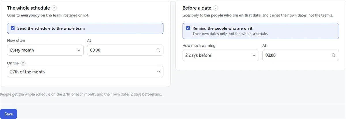 Screenshot: The whole schedule and Before a date settings, with how often and how much warning