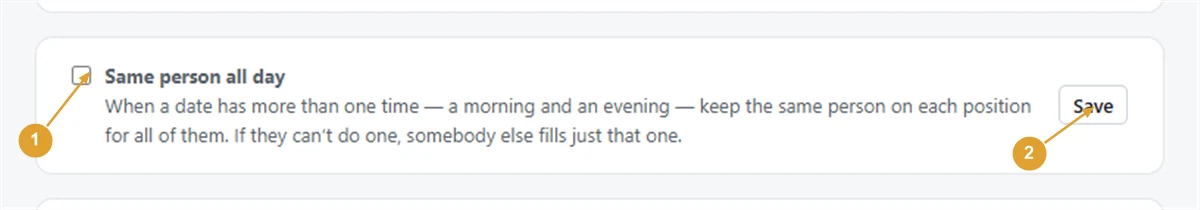 Screenshot: the Same person all day setting with its tick box and Save