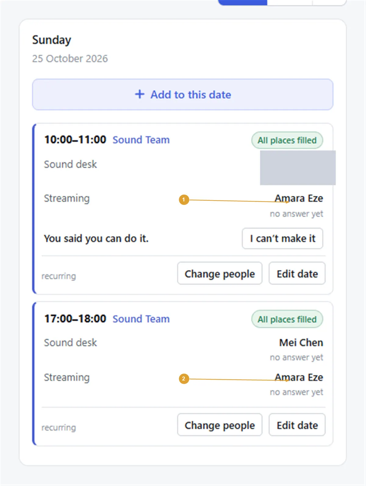Screenshot: a Sunday with a morning and an evening date, the same person on Streaming at both