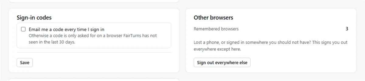 Screenshot: the Sign-in codes and Other browsers cards on the account page