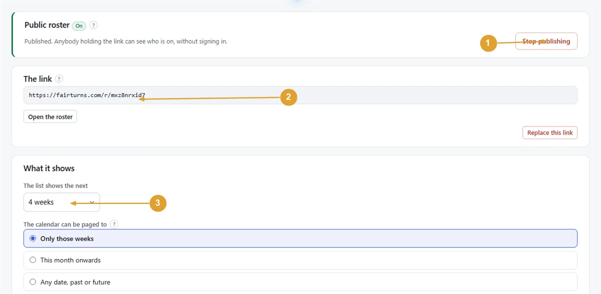 Screenshot: the Public roster settings, with the link, Open the roster and what it shows