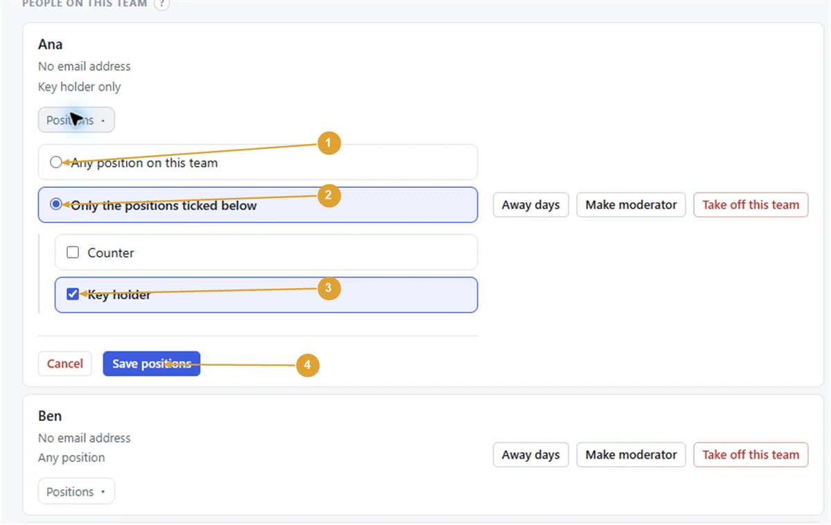 Screenshot: a person’s positions open, set to Only the positions ticked below, and another person on Any position