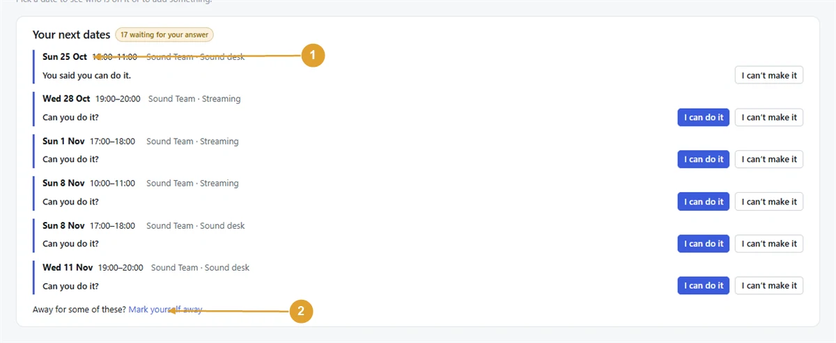 Screenshot: the Your next dates card under the calendar, with the Mark yourself away link