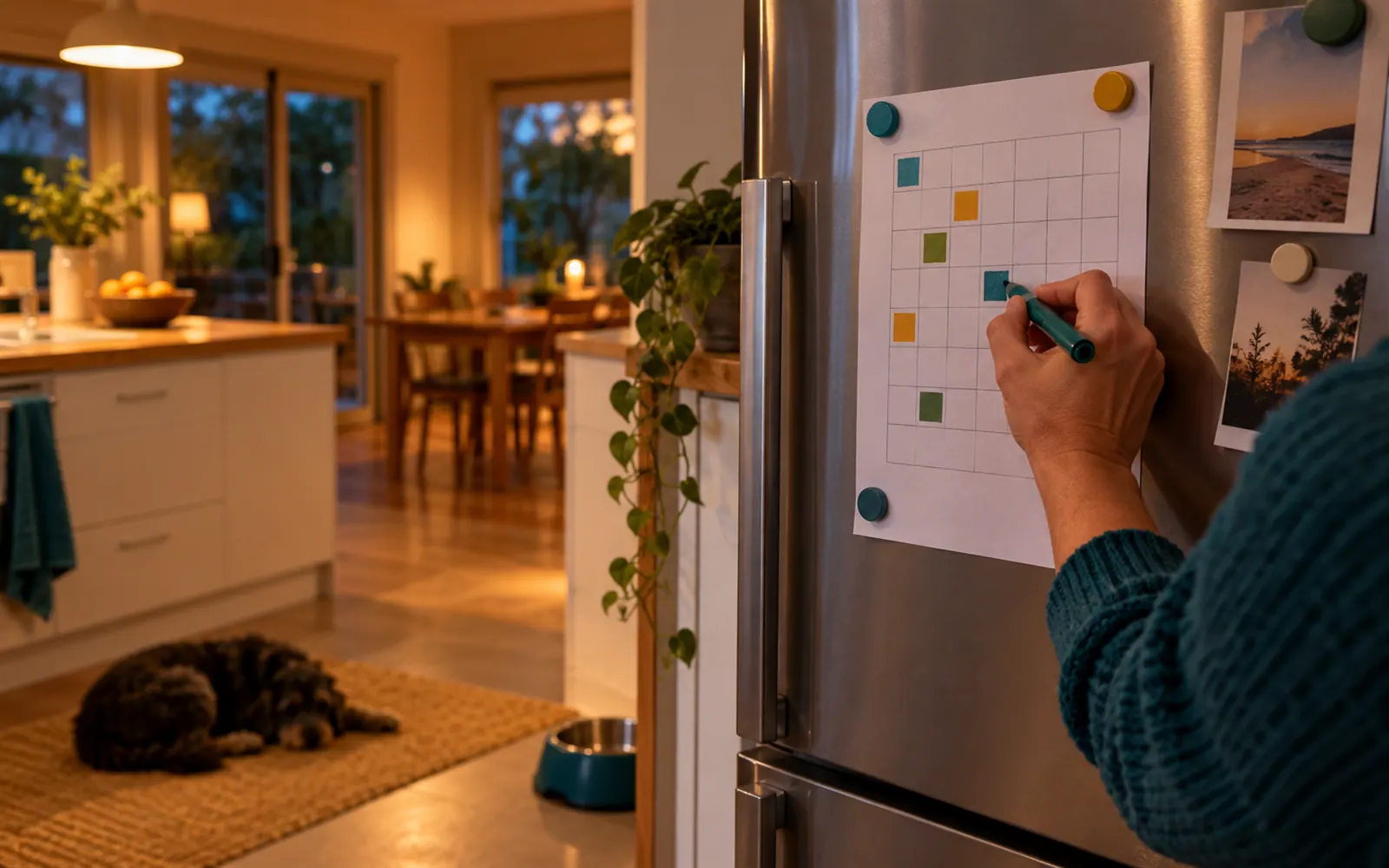 A printed chore chart on a family fridge with a child ticking a box.