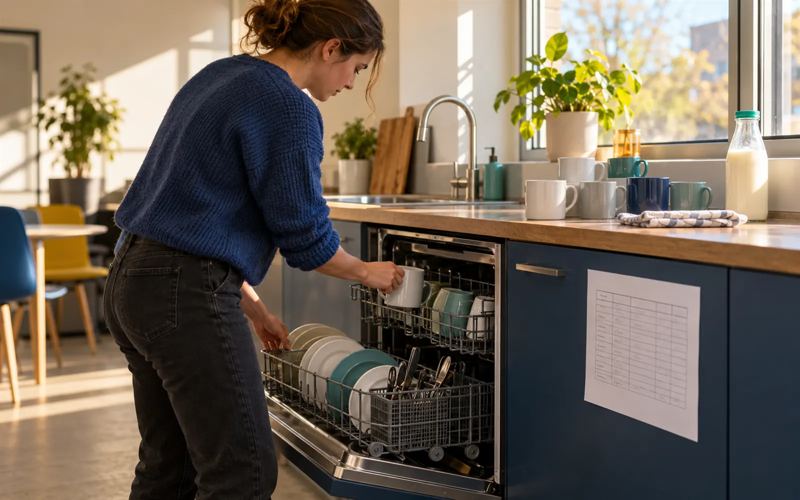 A kitchen duty roster on a cupboard while a worker unloads the dishwasher.