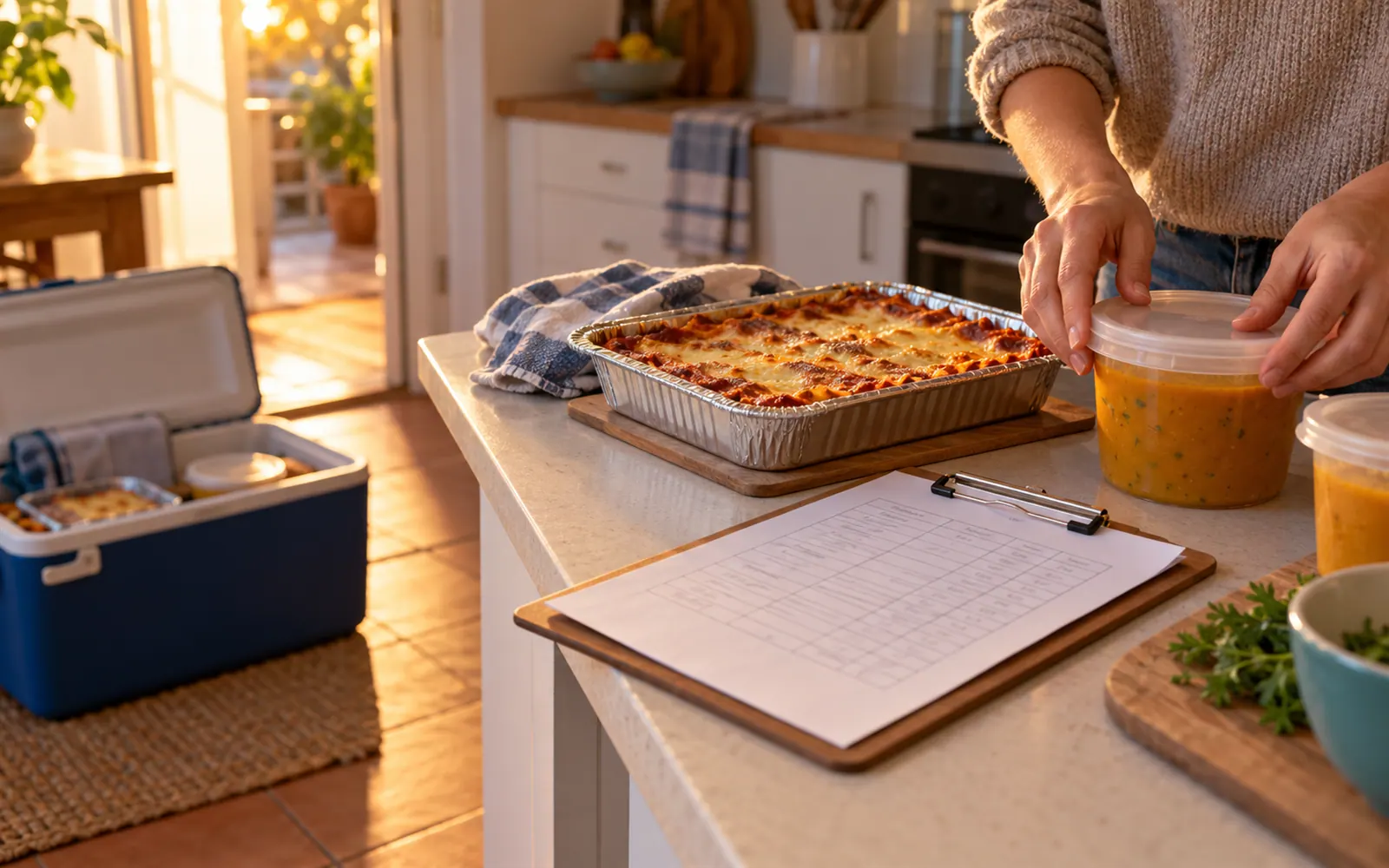 A meal roster on a kitchen bench beside meals ready for delivery.
