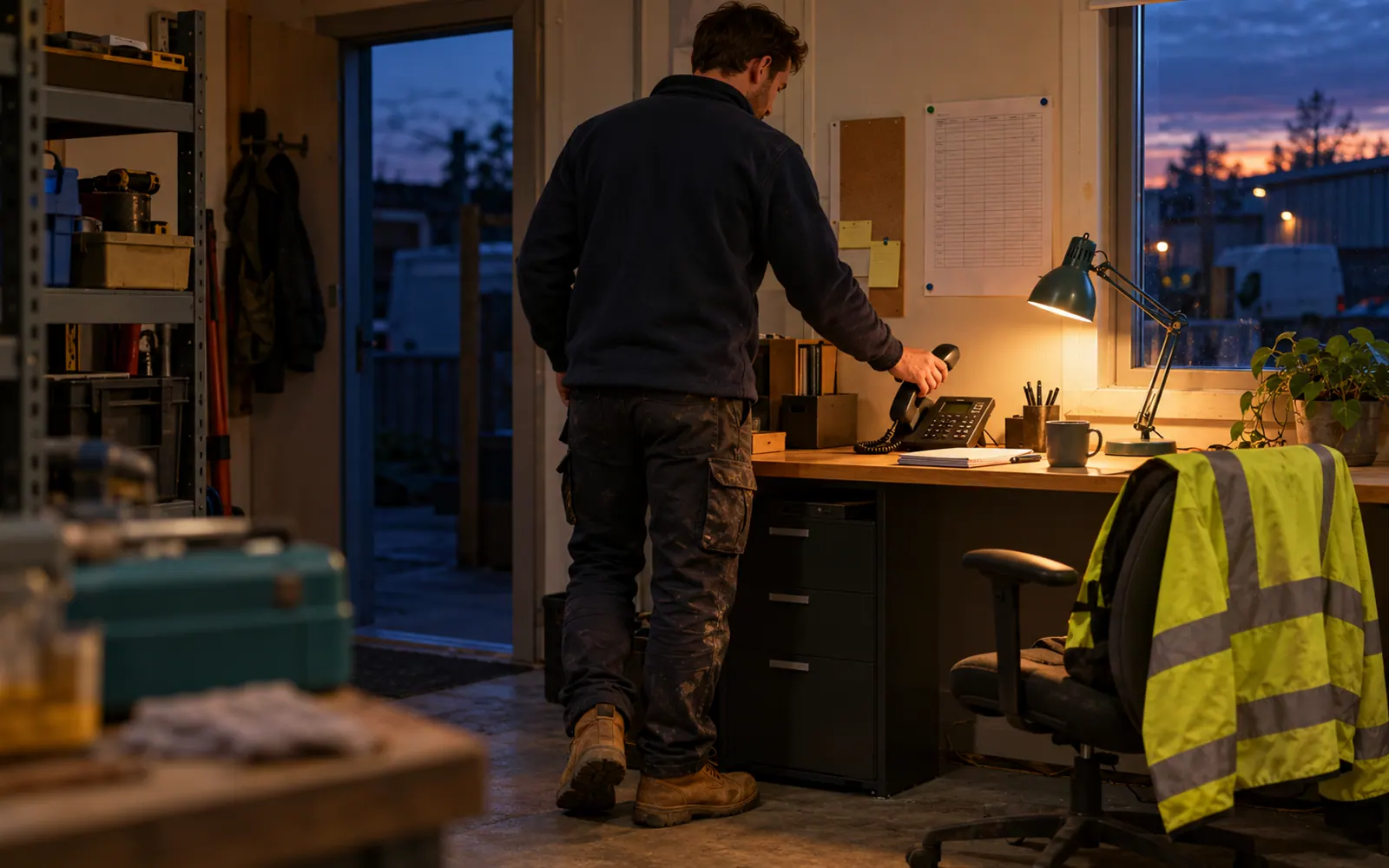 An on-call roster in a workshop office at dusk as a technician picks up the work phone.
