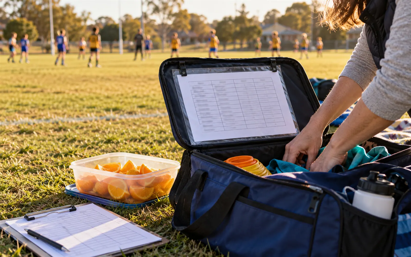A team duties roster clipped to a kit bag beside a container of cut oranges at a junior game.