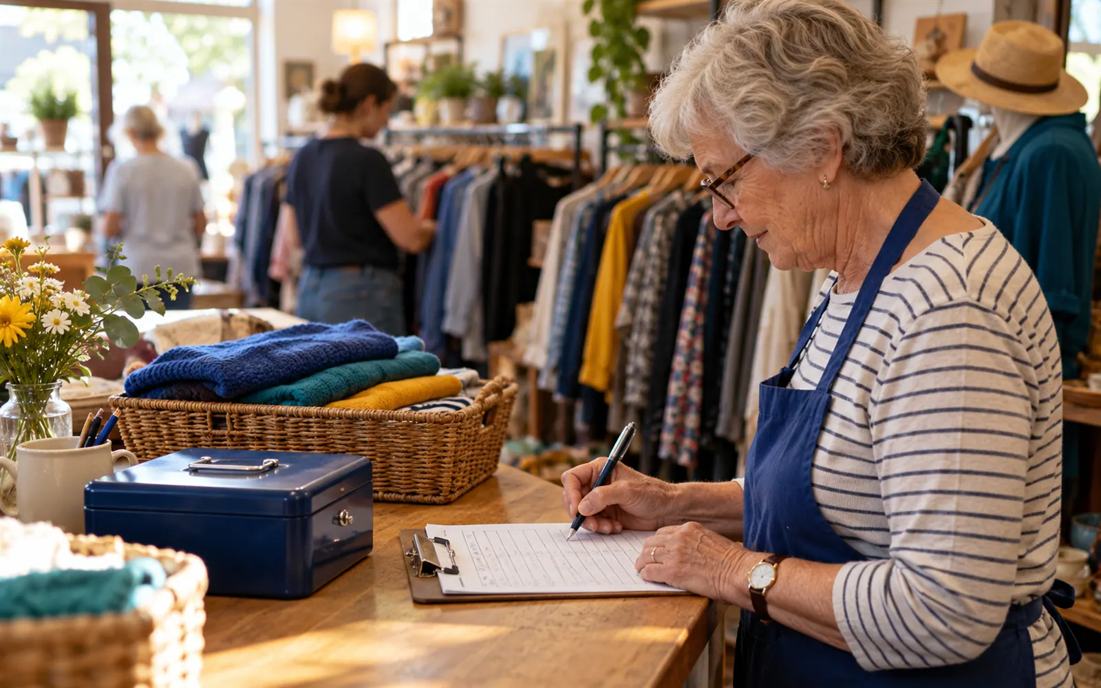 A volunteer at an op shop counter ticking in on a printed roster.