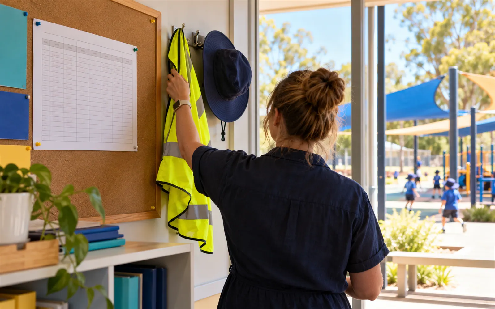 A yard duty roster beside a hook with a hi-vis vest and hat in a school staffroom.
