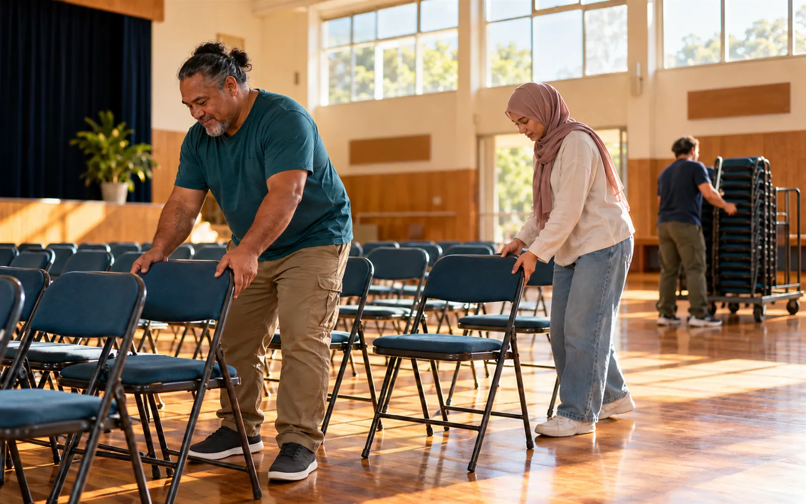 Volunteers setting out chairs in a community hall.