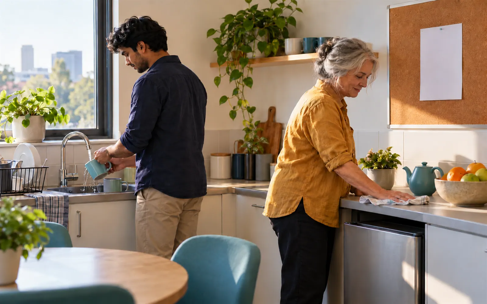 Two colleagues tidying a small office kitchen, a sheet pinned on the wall behind them.