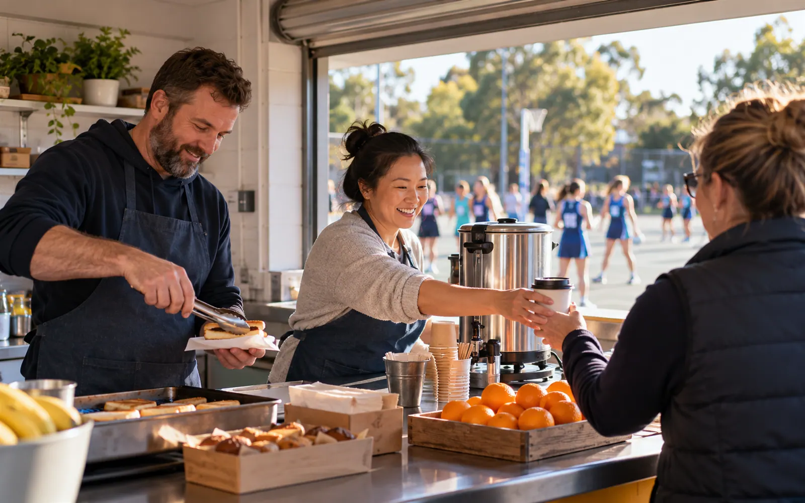 Two volunteers at a club canteen counter on a Saturday morning.