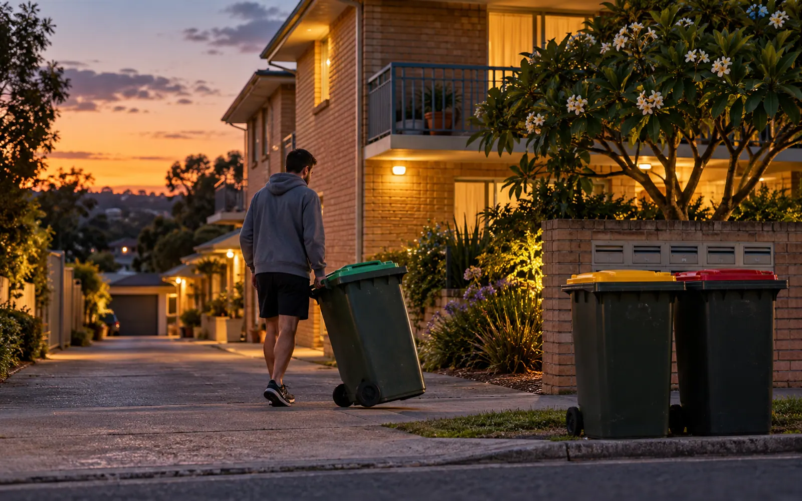A resident wheeling a bin down the shared driveway of a block of units at dusk.