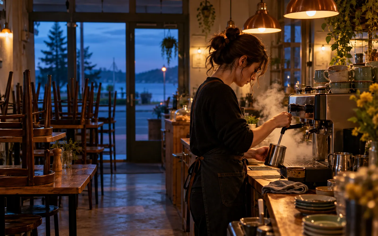 A barista starts up the espresso machine before a café opens.