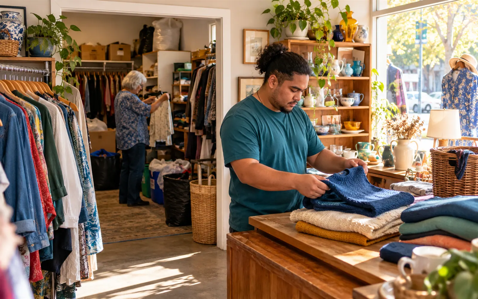 An older volunteer sorting donated clothes in the back room of an op shop while a younger volunteer works the counter.