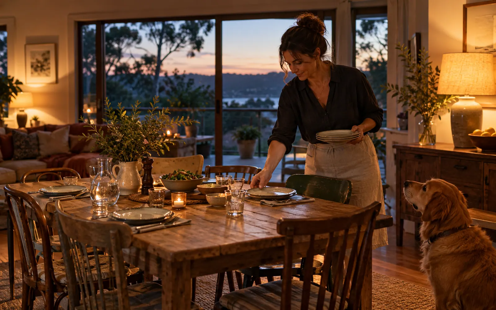 An adult setting plates and cutlery on a family dinner table.