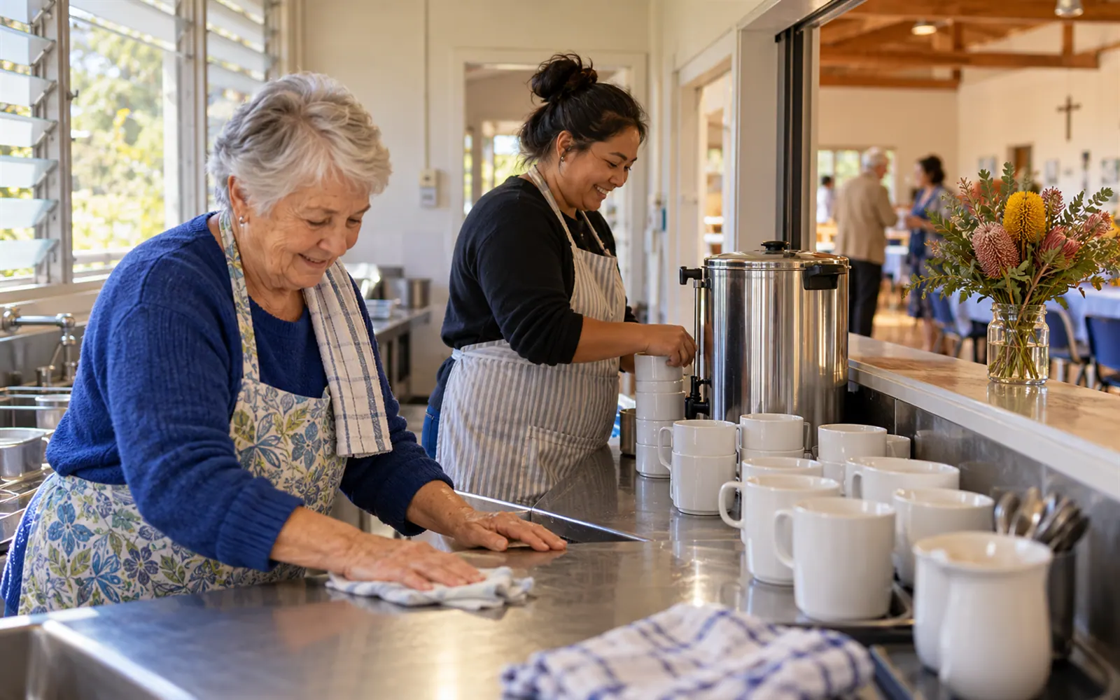 Two volunteers cleaning the church hall kitchen, with fresh flowers on a table through the servery hatch.