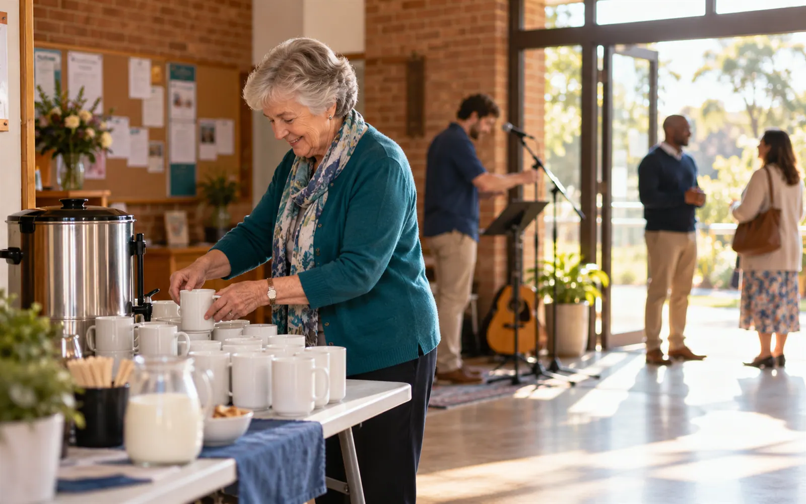Volunteers setting up the urn, a microphone and the front door in a church foyer before a Sunday morning gathering.