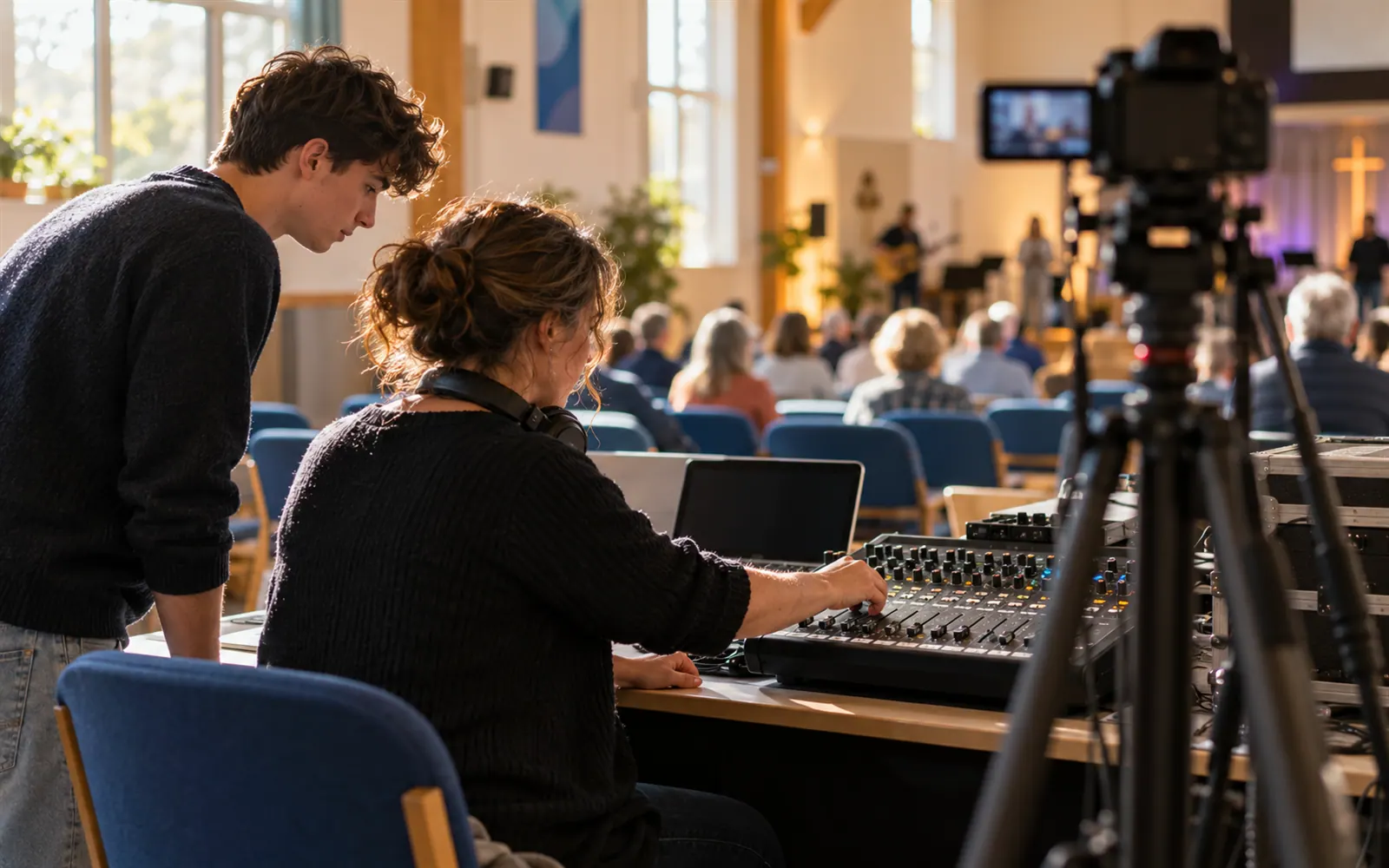 An experienced sound operator showing a teenage trainee the mixing desk at the back of a church hall.