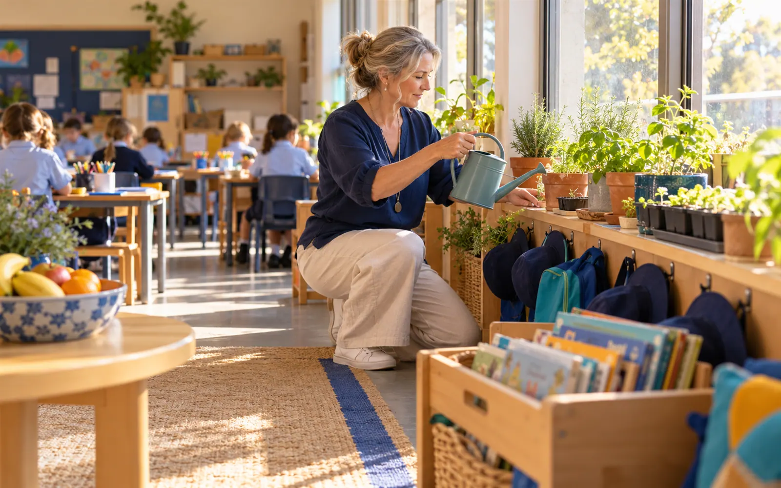 A teacher hands a watering can towards the classroom plants while students work at their desks in the background.
