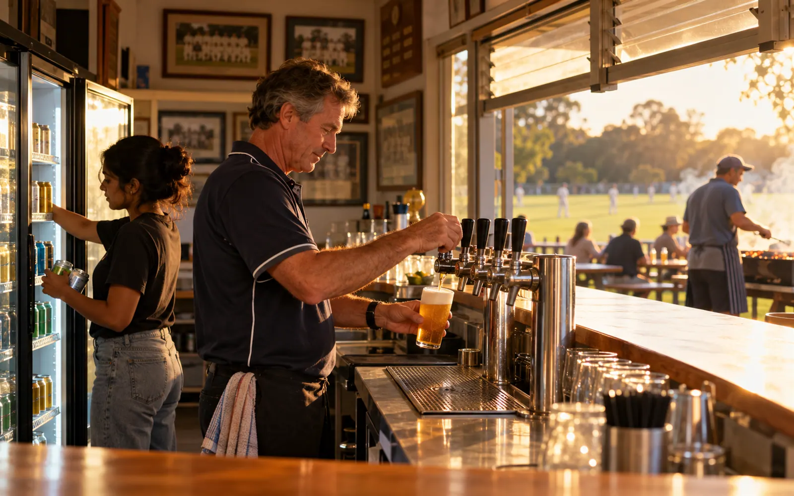 Two volunteers behind a cricket clubhouse bar in the late afternoon, with the barbecue going outside.