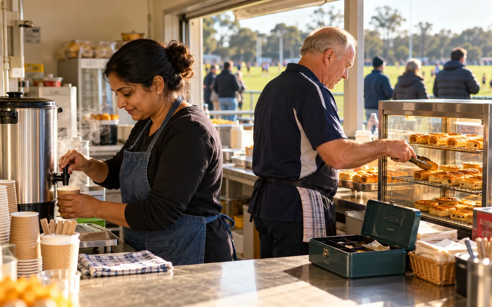 Two parent volunteers setting up a sports club canteen on a Saturday morning, with the urn on and the pie warmer filling.