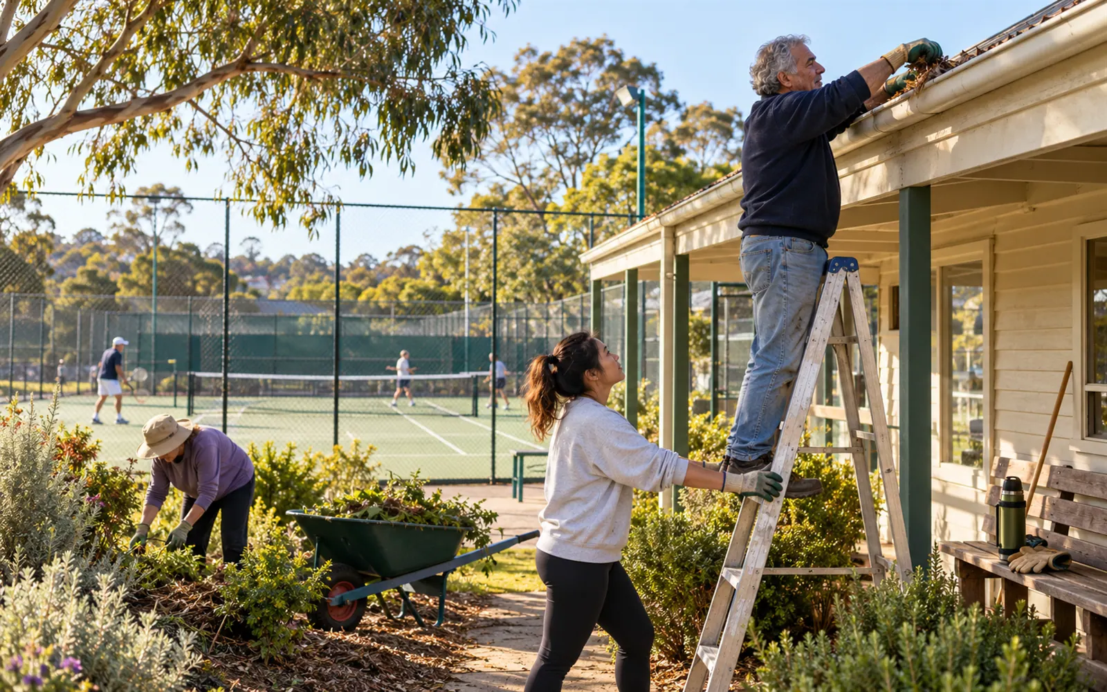 Club members at a working bee, one clearing the clubhouse gutters from a ladder while another steadies it.