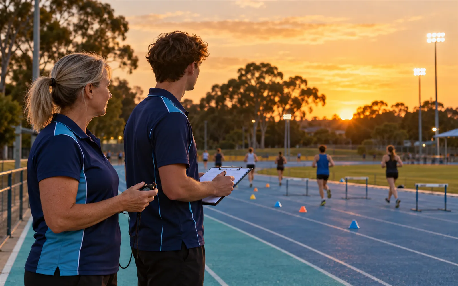 An experienced coach and a trainee coach watch an evening training session together beside an athletics track.