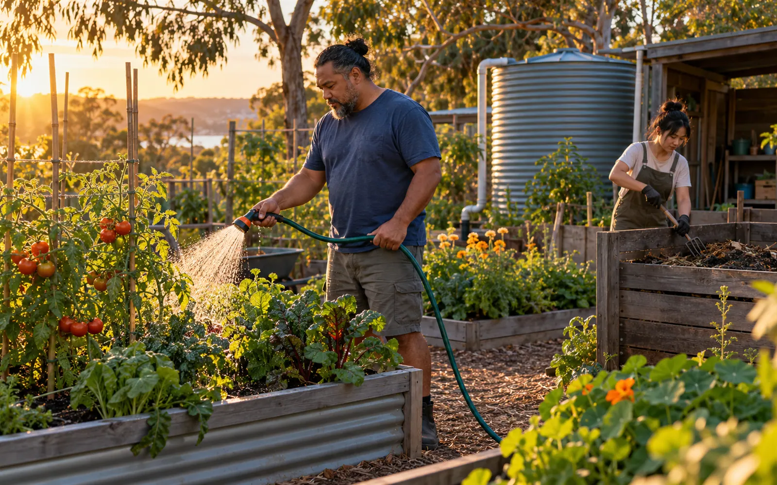Two community garden members watering raised beds and turning compost on a summer evening.