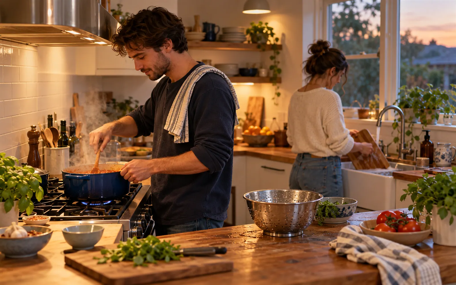 One person cooking dinner while another washes up behind them in a family kitchen.