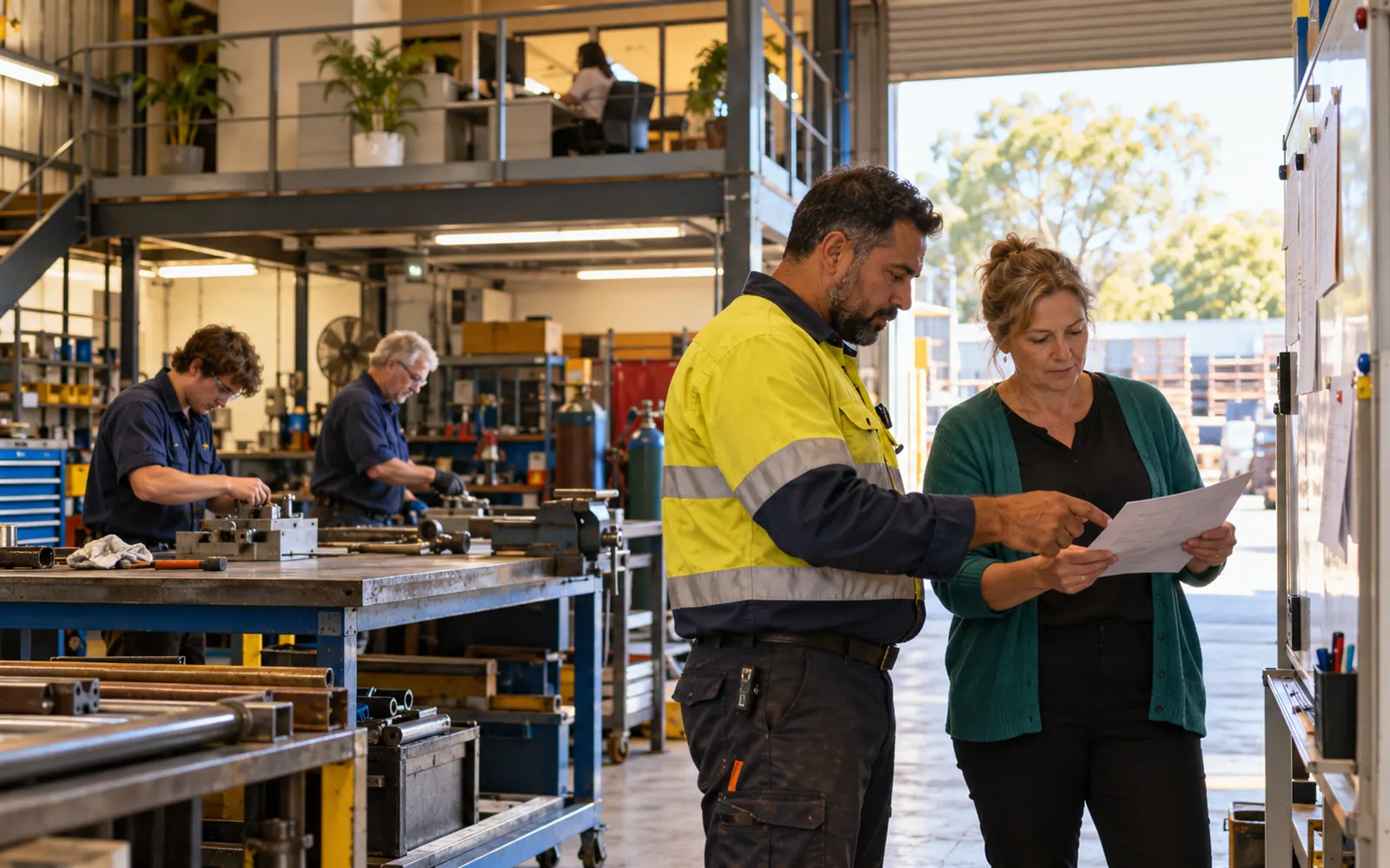 A workshop supervisor and an office manager compare a paper roster beside the workshop floor.