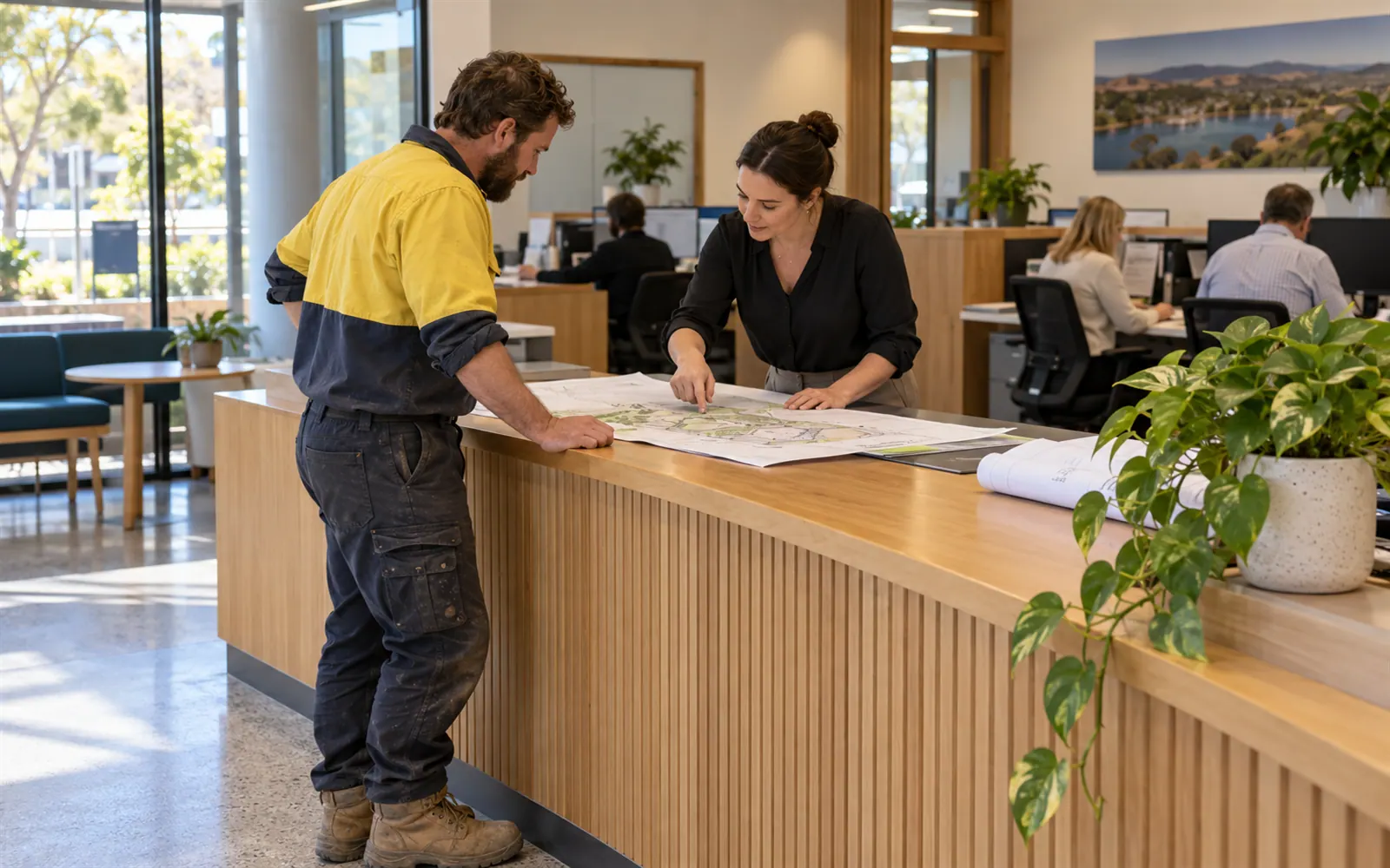 A council duty planner at the front counter talks a resident through a site plan.