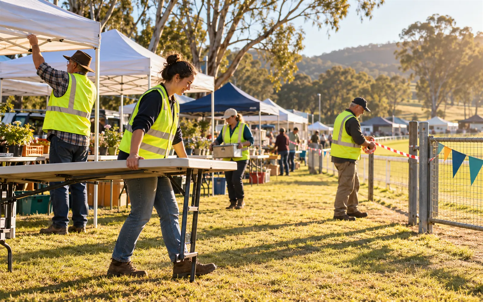 Volunteers in hi-vis vests setting up gazebos and tables on a showground early on fair day.