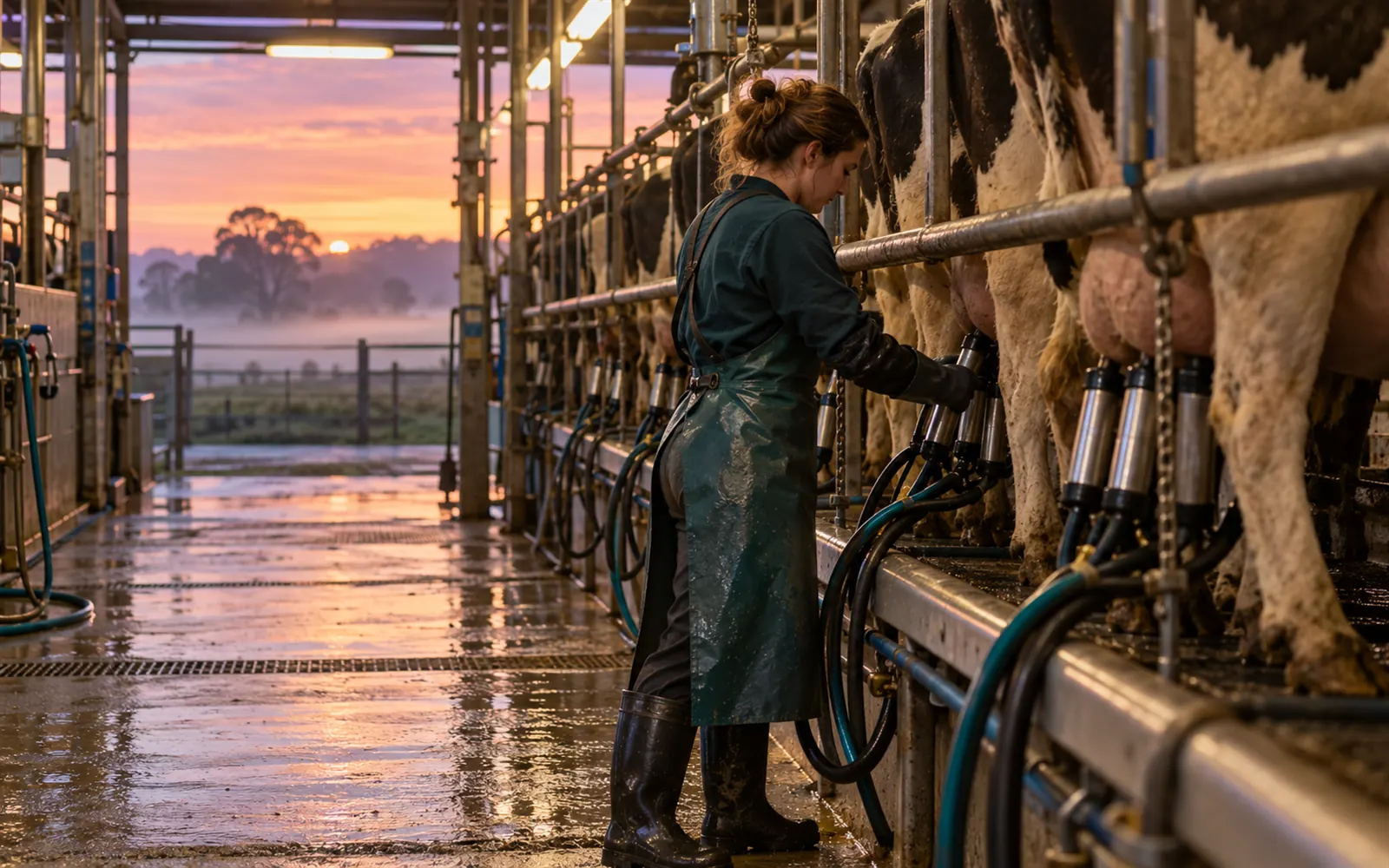A milker works the herringbone dairy at dawn.