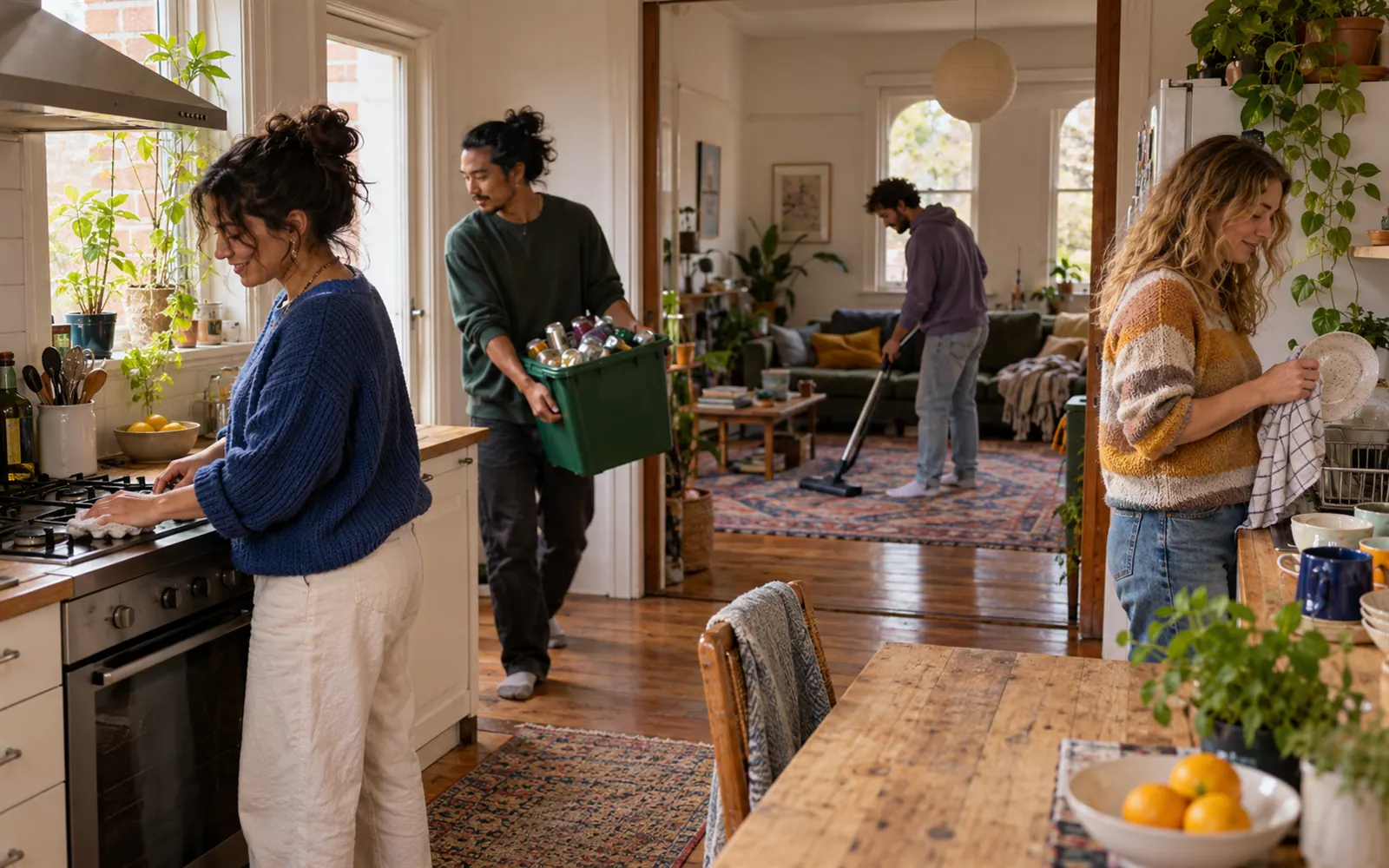Four flatmates cleaning the kitchen and lounge of their share house together.