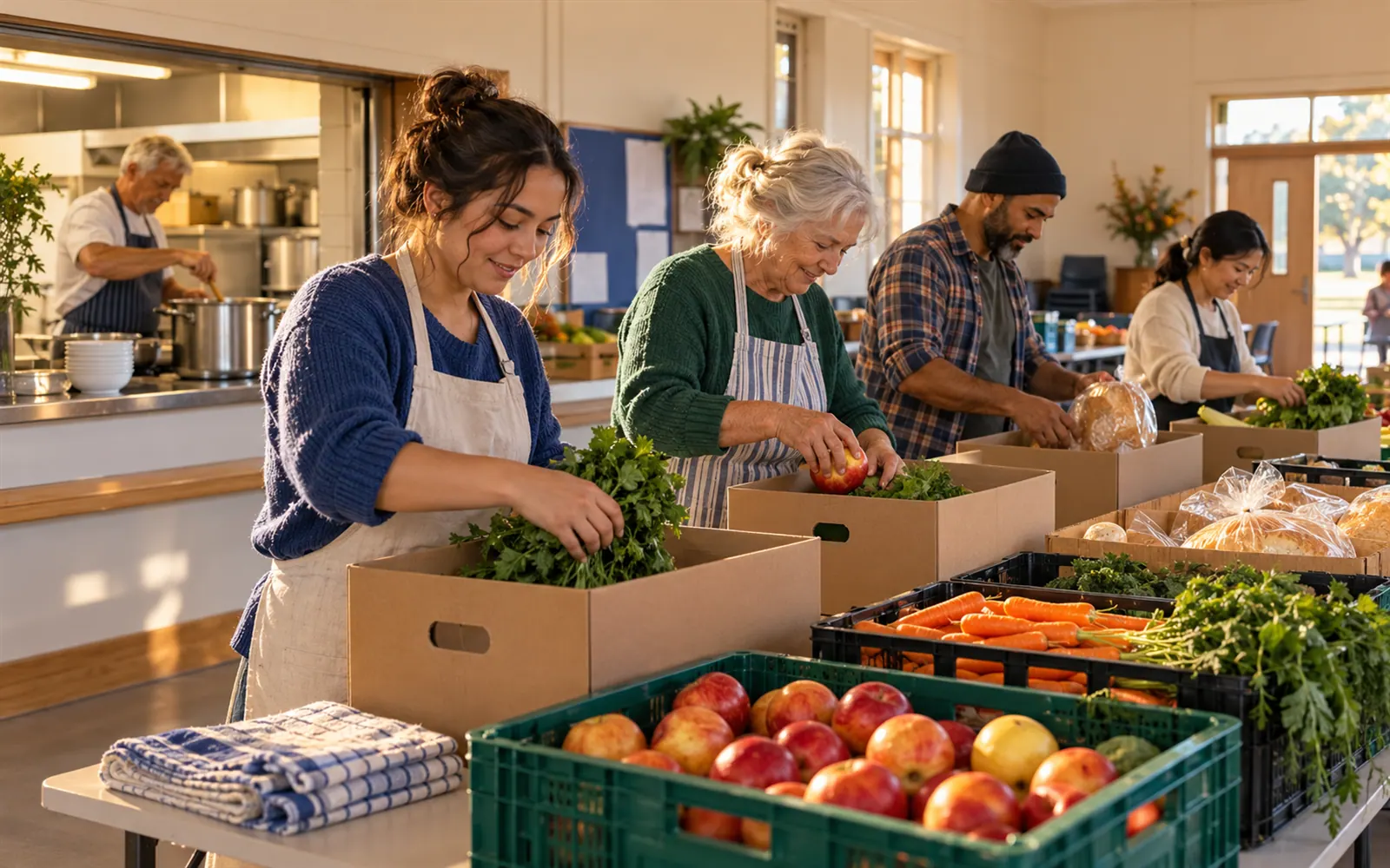 Volunteers packing produce into boxes at trestle tables in a community pantry, with the kitchen visible behind.