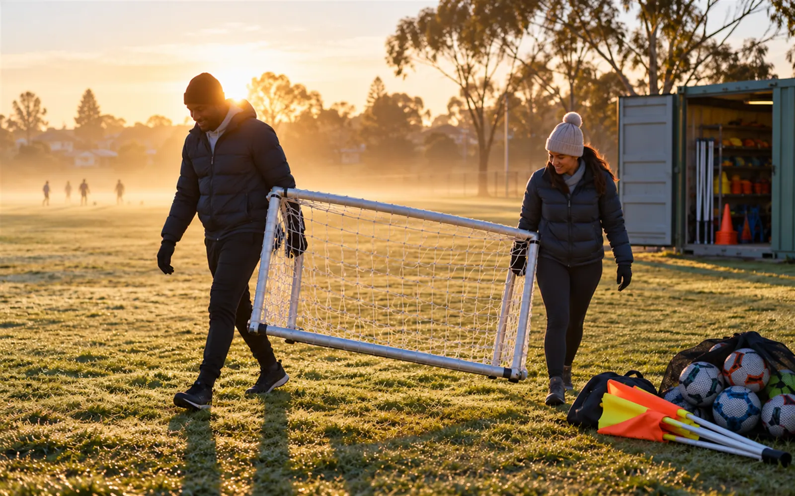 Two parents carrying a junior goal across a misty sports ground to set up for home games.
