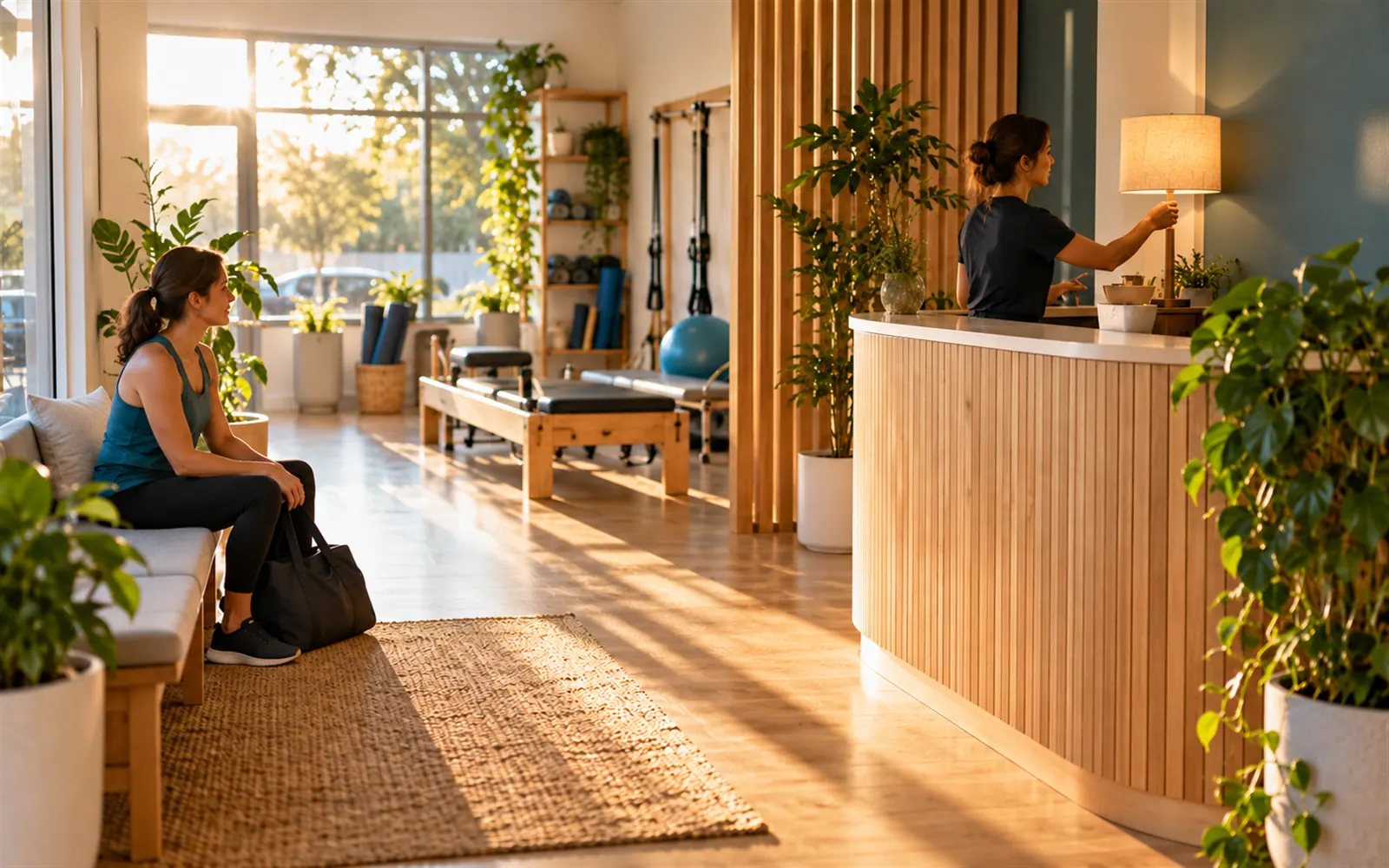 A receptionist opens the front desk of a physio clinic as the first client arrives.