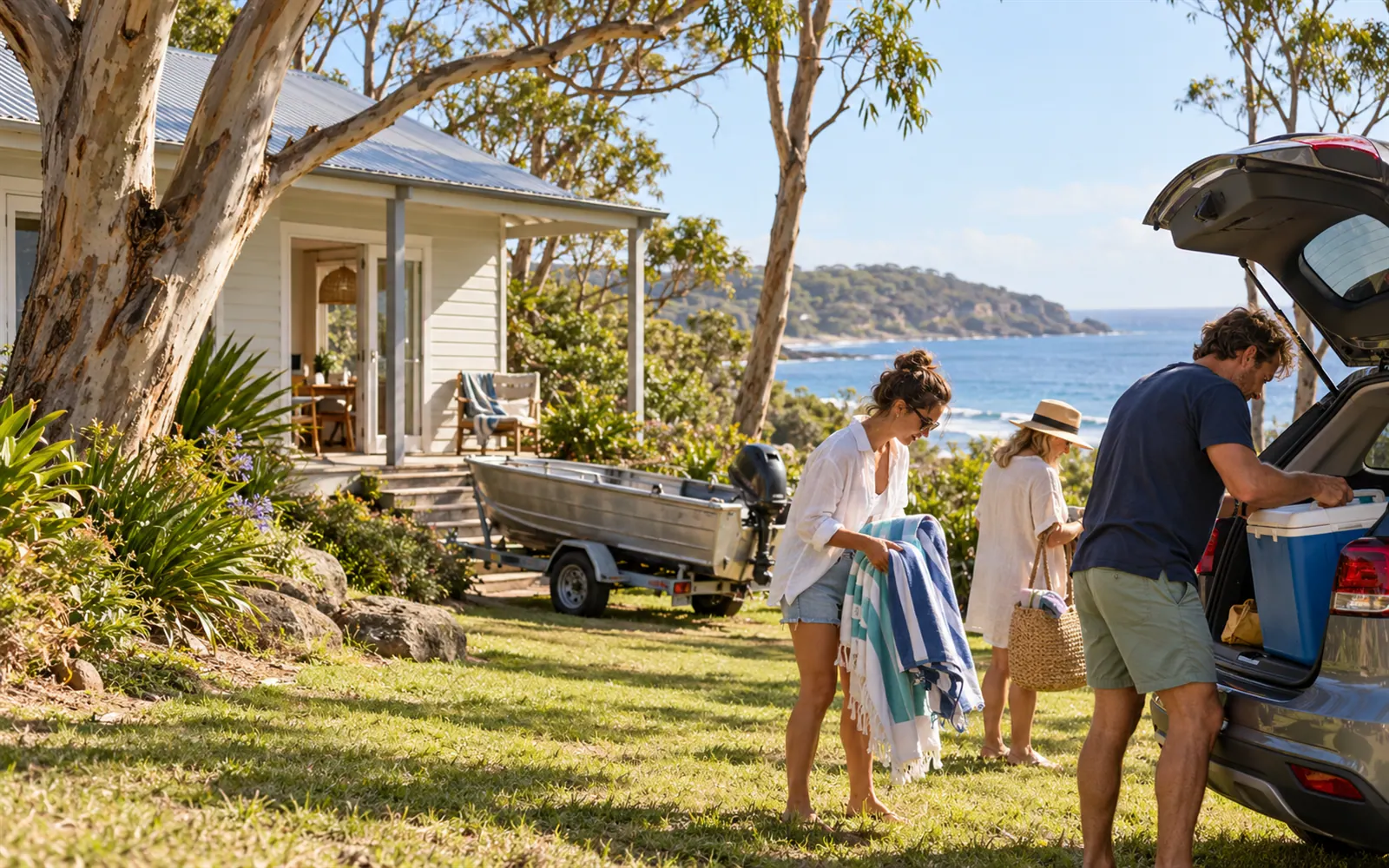 A family unpacking the car outside a fibro beach shack with a small boat on a trailer beside it.