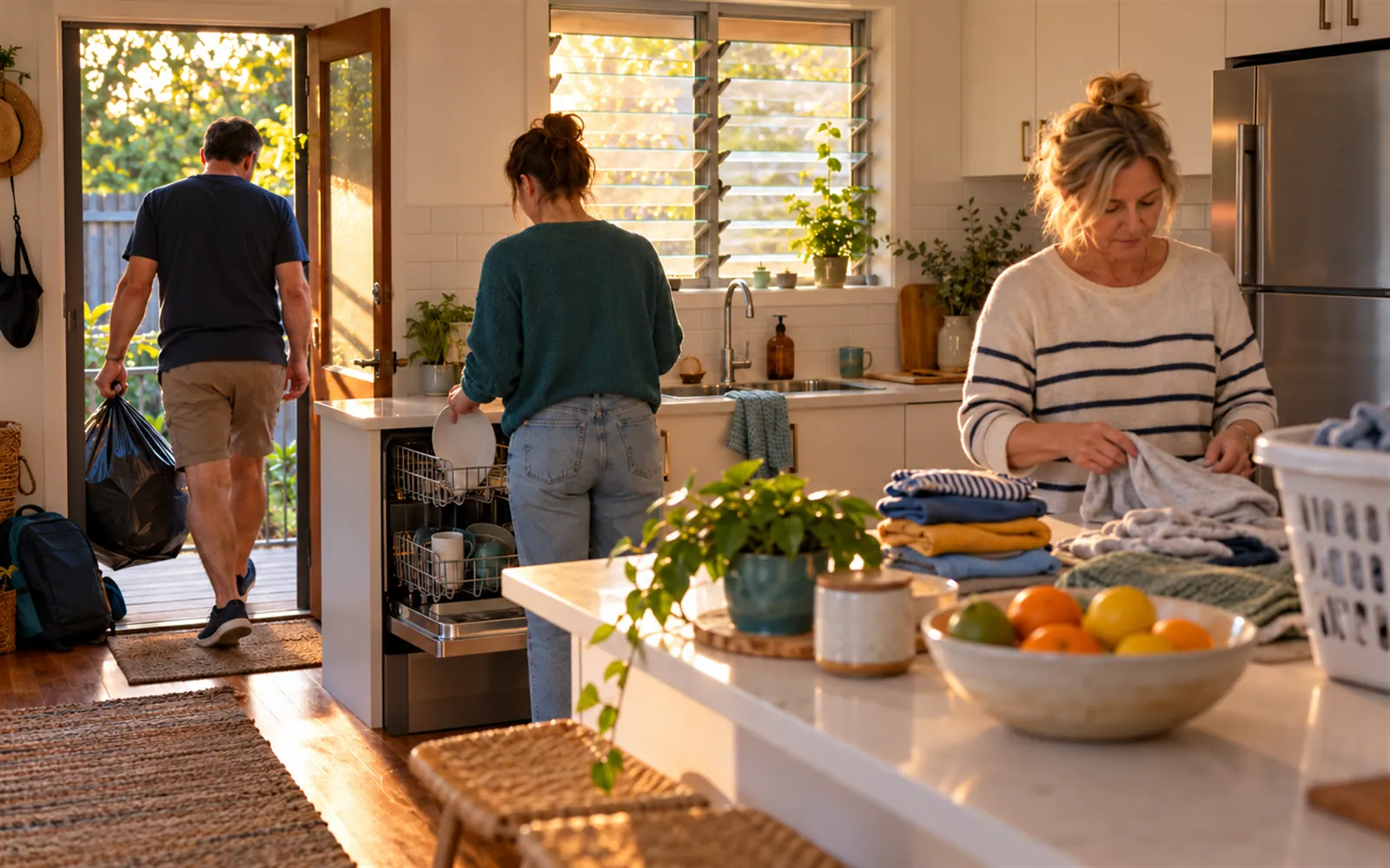 A family doing chores together in a sunny kitchen, with an old paper chart curling on the fridge.
