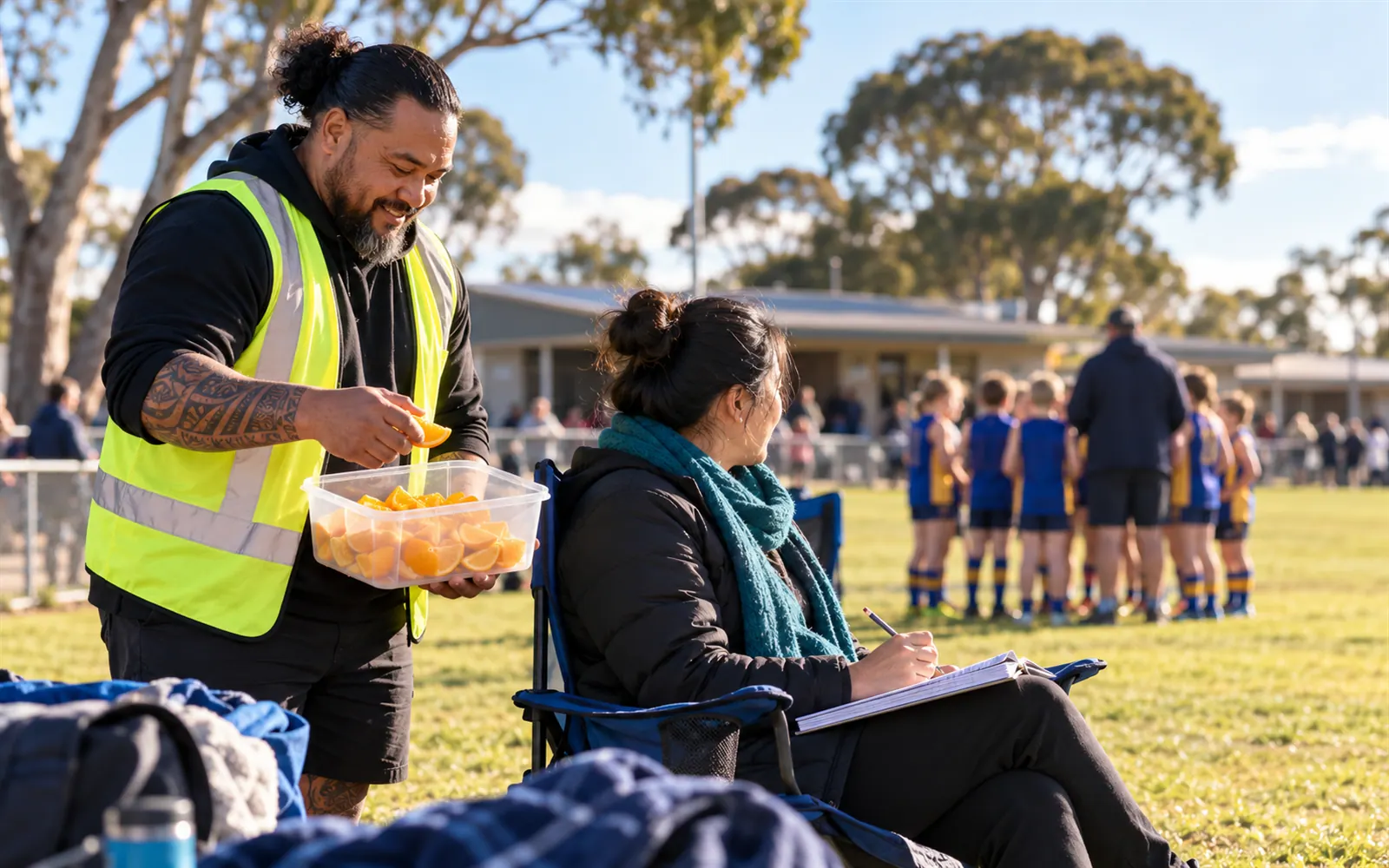 Two parents on duty at half-time, one with a tub of orange quarters and one keeping the scorebook, with a junior team blurred behind them.