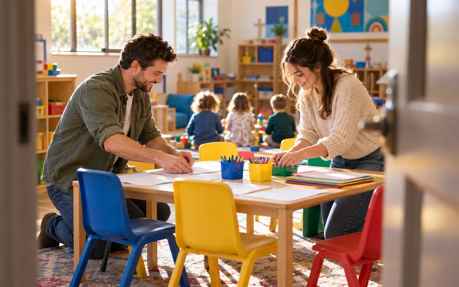 Two adult leaders setting up craft at a low table in a church kids’ room, children blurred in the background.